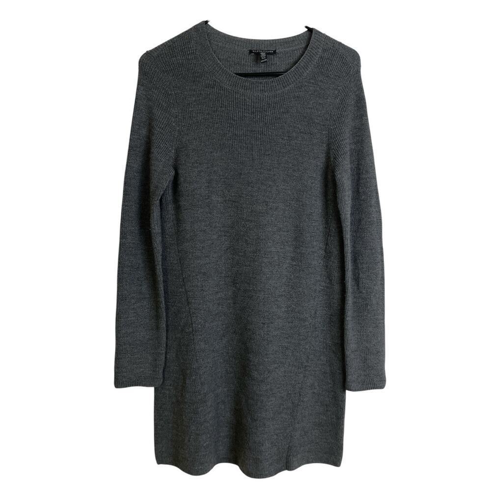 Eileen Fisher Petite 100% Merino Extra Fine Wool Sweater Dress Gray Long Sleeve